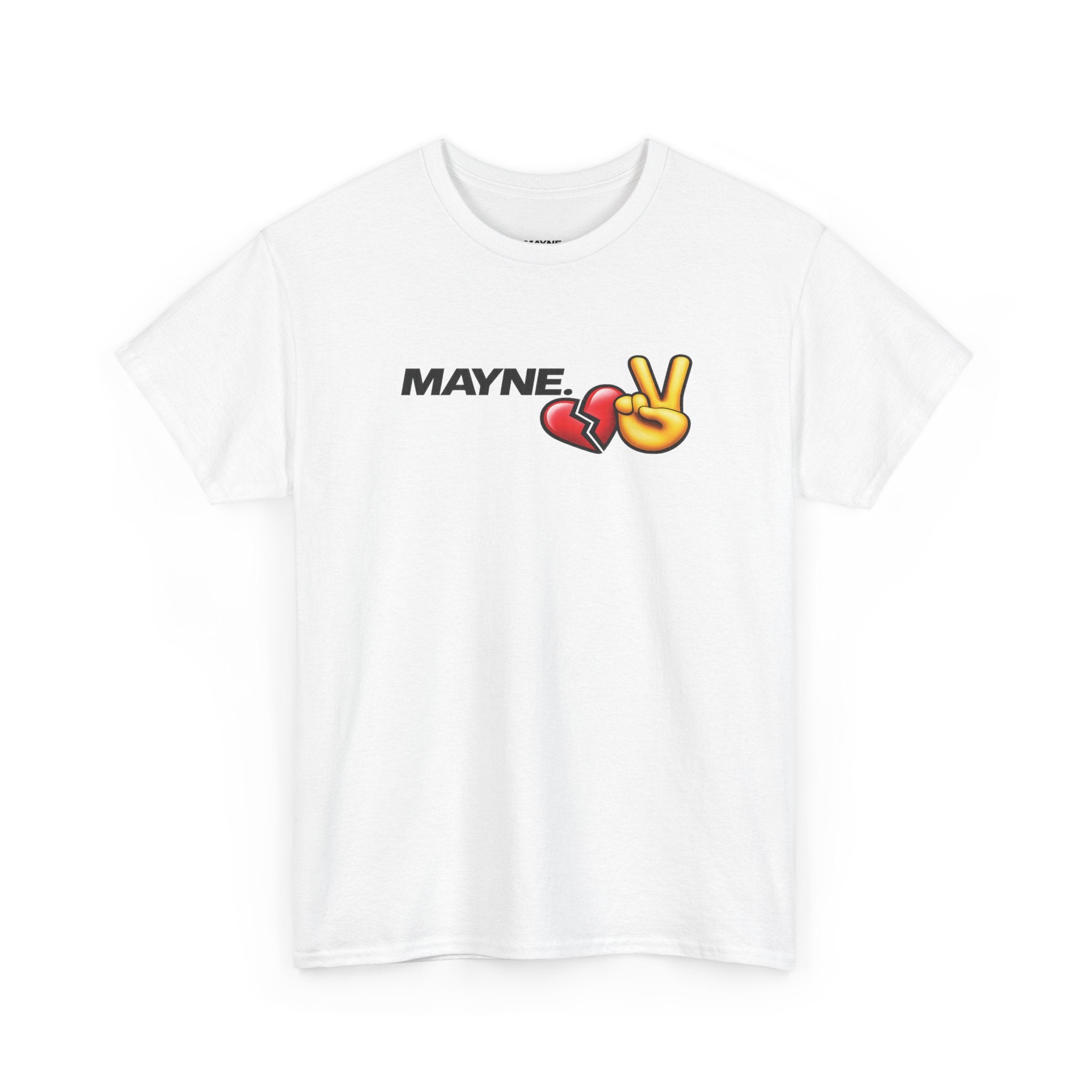 Mayne Portrait Tee — 'MAYNE' Graphic T-Shirt with Heart & Peace Emojis