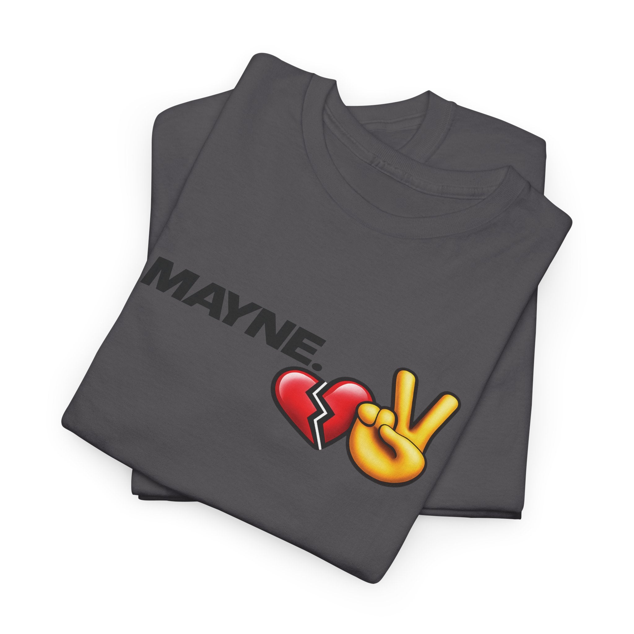 Mayne Portrait Tee — 'MAYNE' Graphic T-Shirt with Heart & Peace Emojis