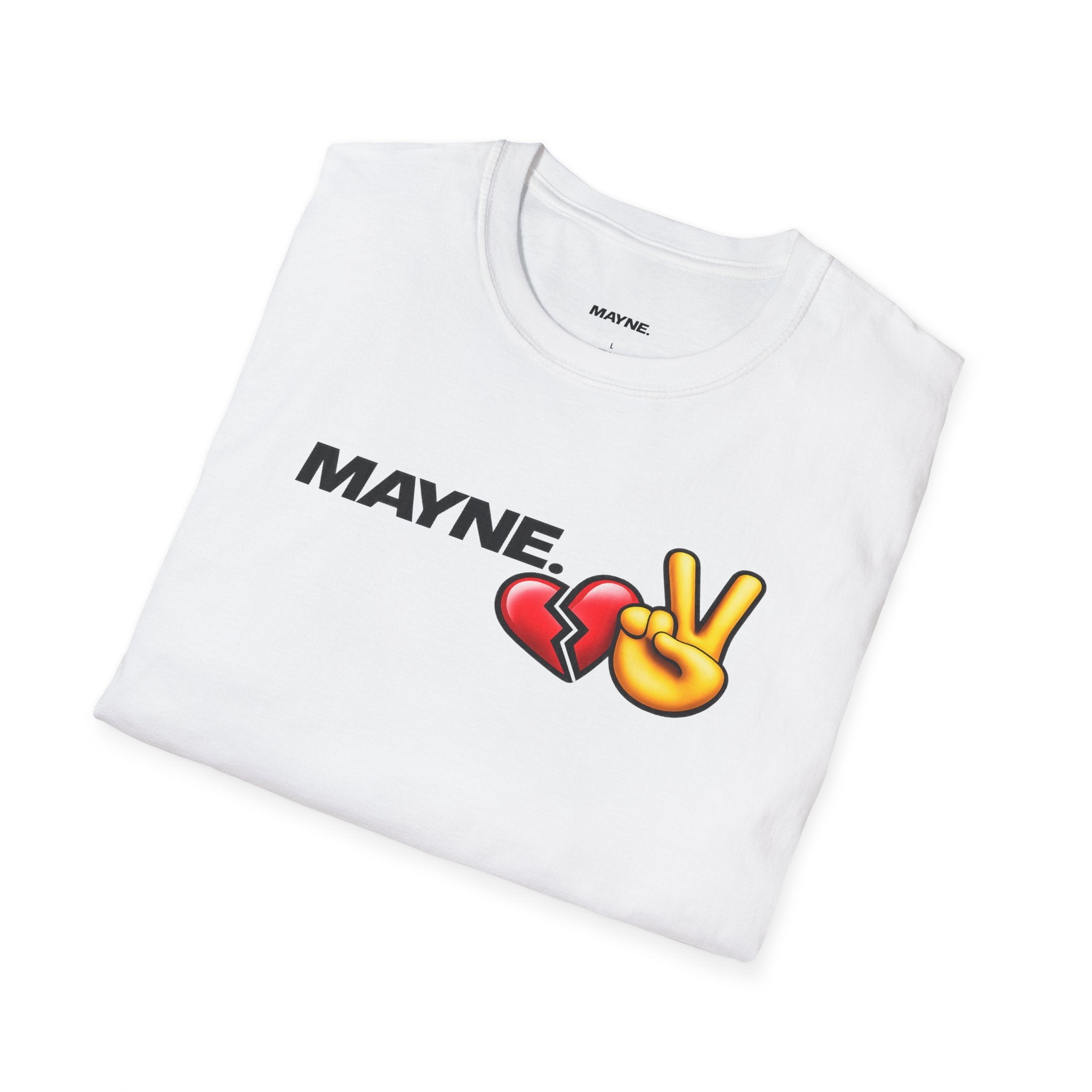 Mayne Peace & Broken Heart T-Shirt – Casual Graphic Tee with Emoji Design